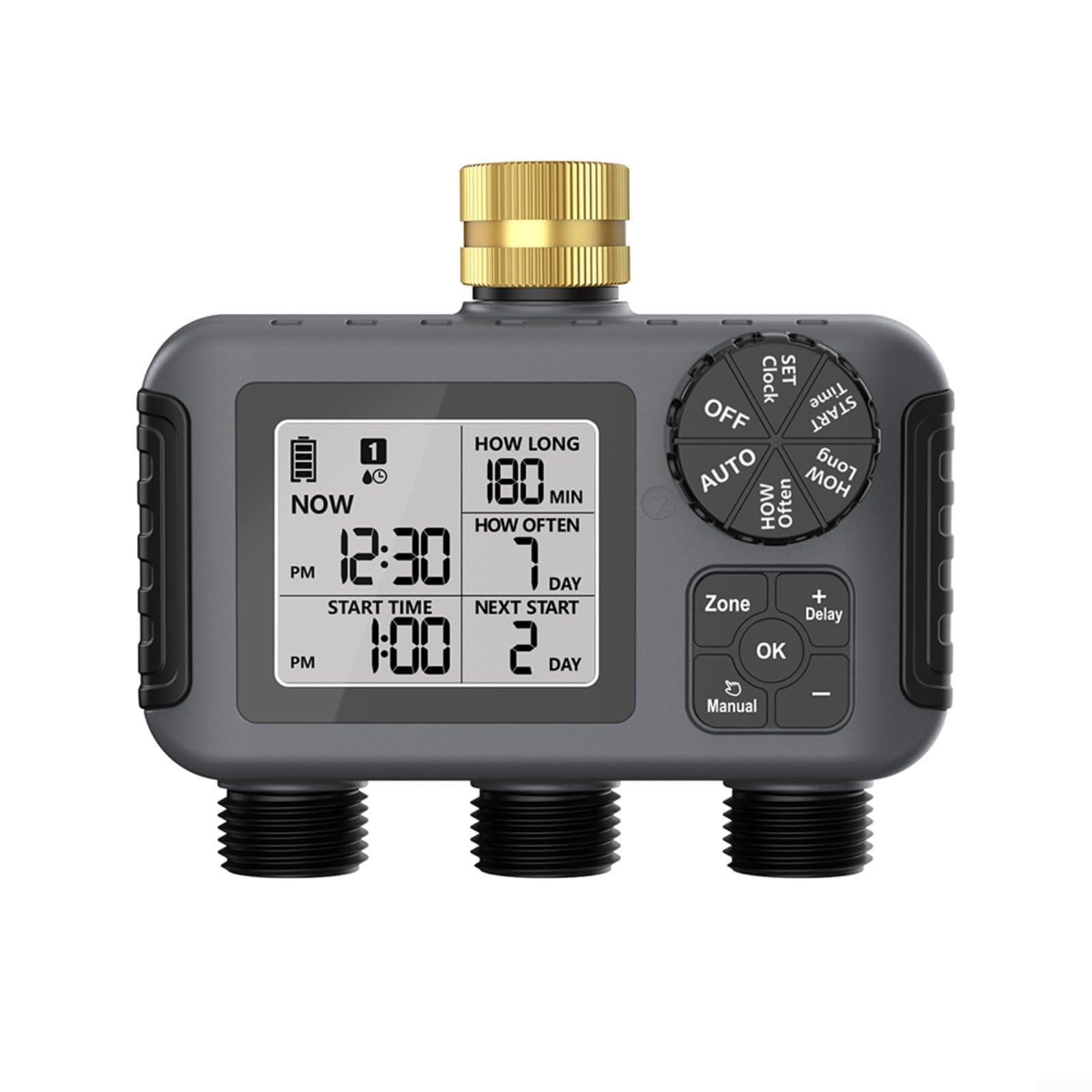 Timer automatico per irrigazione da giardino, regolatore di irrigazione a tre valvole, classificato IPX5, con blocco per bambini, per esterni, cortile, verde, nero