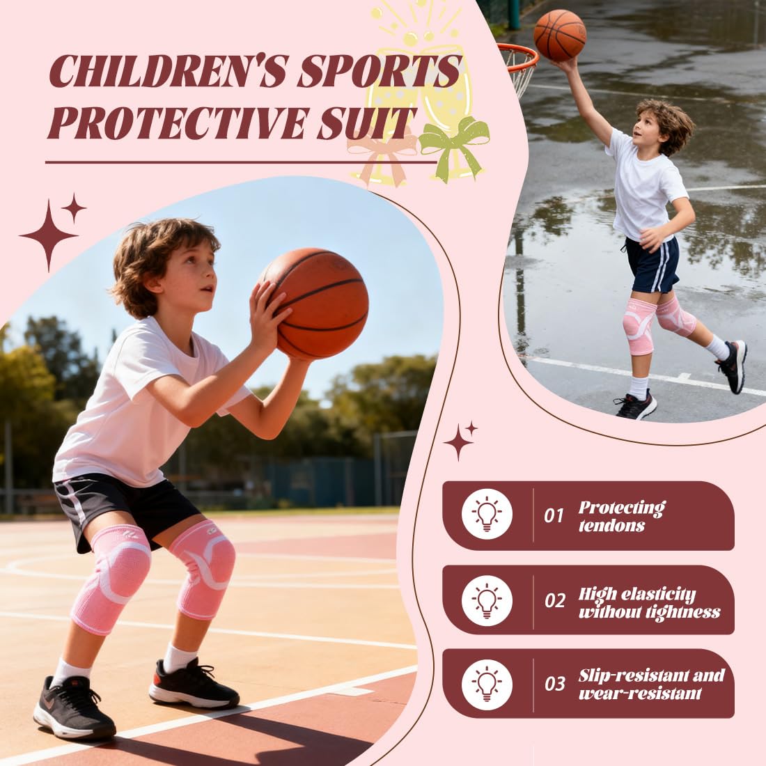 1 Par Rodilleras para Niños,Rodilleras Voleibol,Protectores de Rodillas,Elásticos,Transpirables para Niños Niñas Baloncesto,Voleibol, Rosa,Apto para Niños de 10 a 15 Años,35-50 kg