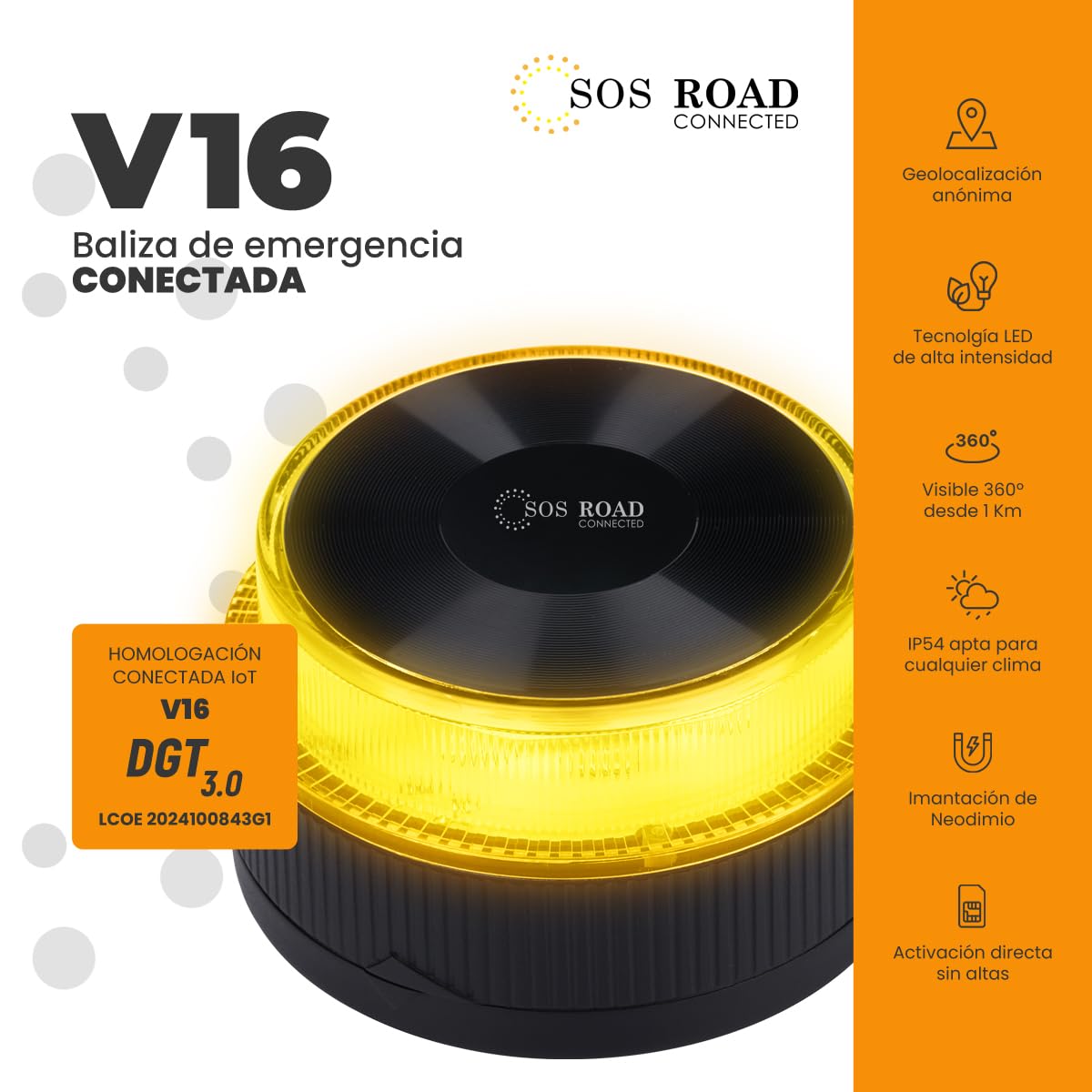 SOS ROAD Baliza de Emergencia V16 con Geolocalización y Conexión DGT 3.0 – Uso Obligatorio Enero 2026, Señal LED Homologada para Coche, Alcance 1km, Resistente al Agua, Datos Incluidos hasta 2038