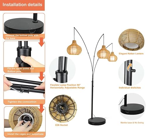 Depuley 3-Light Led Rattan Floor Lamp, Adjustable Modern Tall Standing Lamp, Farmhouse Arc Reading Floor Light With Bamboo Lampshades For Bedroom Living Room Office Study , E26 Bulbs Included #TOP4