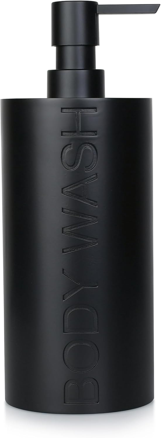 Matte Black Body Wash Dispenser Luxurious Refillable Pump Bottle with Embossed Text, Durable Construction for Bathroom and Shower