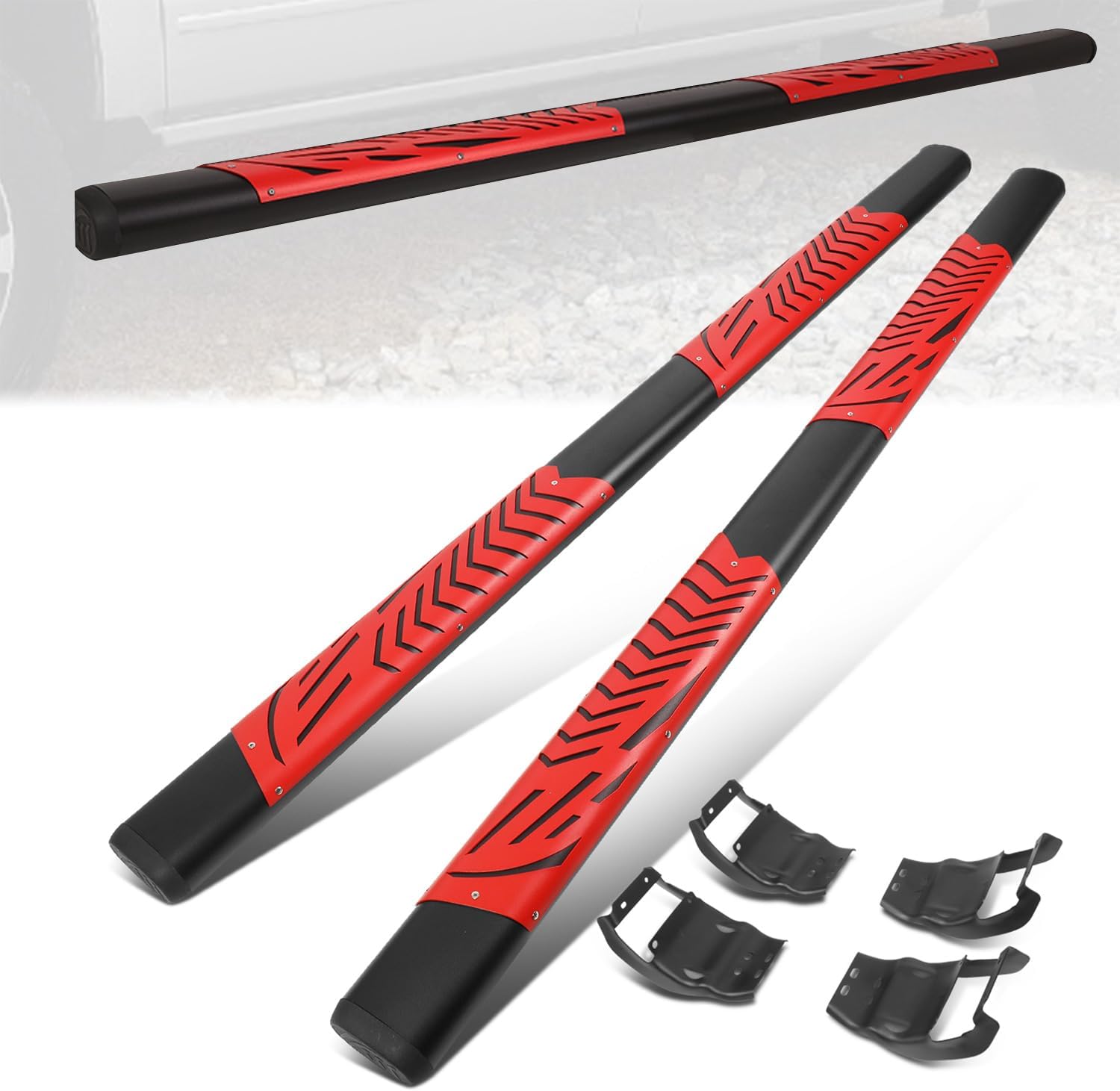 5.5 in. Black/Red Stainless Steel Oval Step Nerf Bar Compatible with 15-22 Ford F150 F250 F350 Super Duty Crew Cab CAAP-STEPS-8199BKRD-ZTL