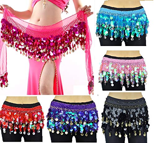 Image of VRITRAZ Women's Chiffon Belly Dance Hip Scarf Waistband Belt Skirt Mixed Colors Beads and Golded Coins 56 Black