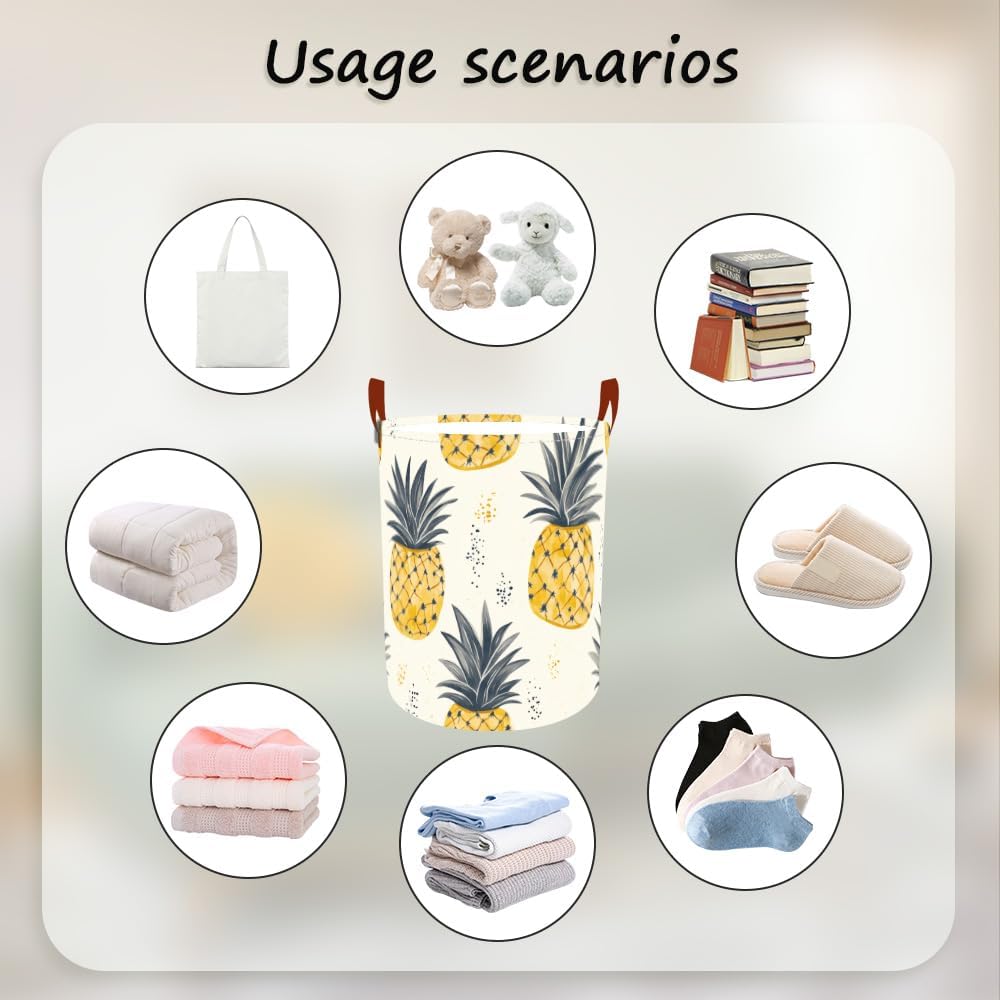 Laundry Baskets 15.7x19.7 Inch Pineapple Tropical Design Collapsible Laundry Hamper with Handles Oxford Fabric Clothes Storage Bin Foldable Dirty Clothes Organizer for Bedroom Bathroom Dorm
