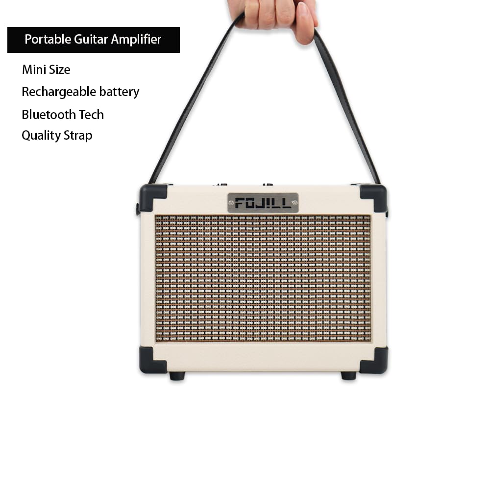 Fojill E-Bassgitarre in voller Größe, 4-saitig, mit 10-Watt-Verstärker, 4-saitig, für Rechtshänder, Anfänger-Set mit 600D-Gigbag, Plektren, geräuscharmem Kabel, extra Saiten (cremefarben)