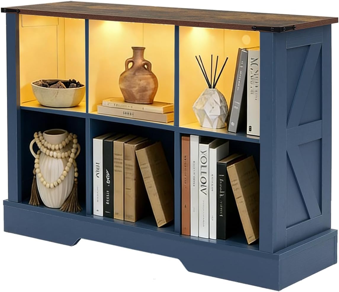 6 Cube Storage Organizer, Wood Cube Bookshelf with LED Lights, Horizontal Storage Cubes, Kids Bookshelf, Display Cabinet Cubby Shelf for Living Room Home Office Bedroom，Navy Blue