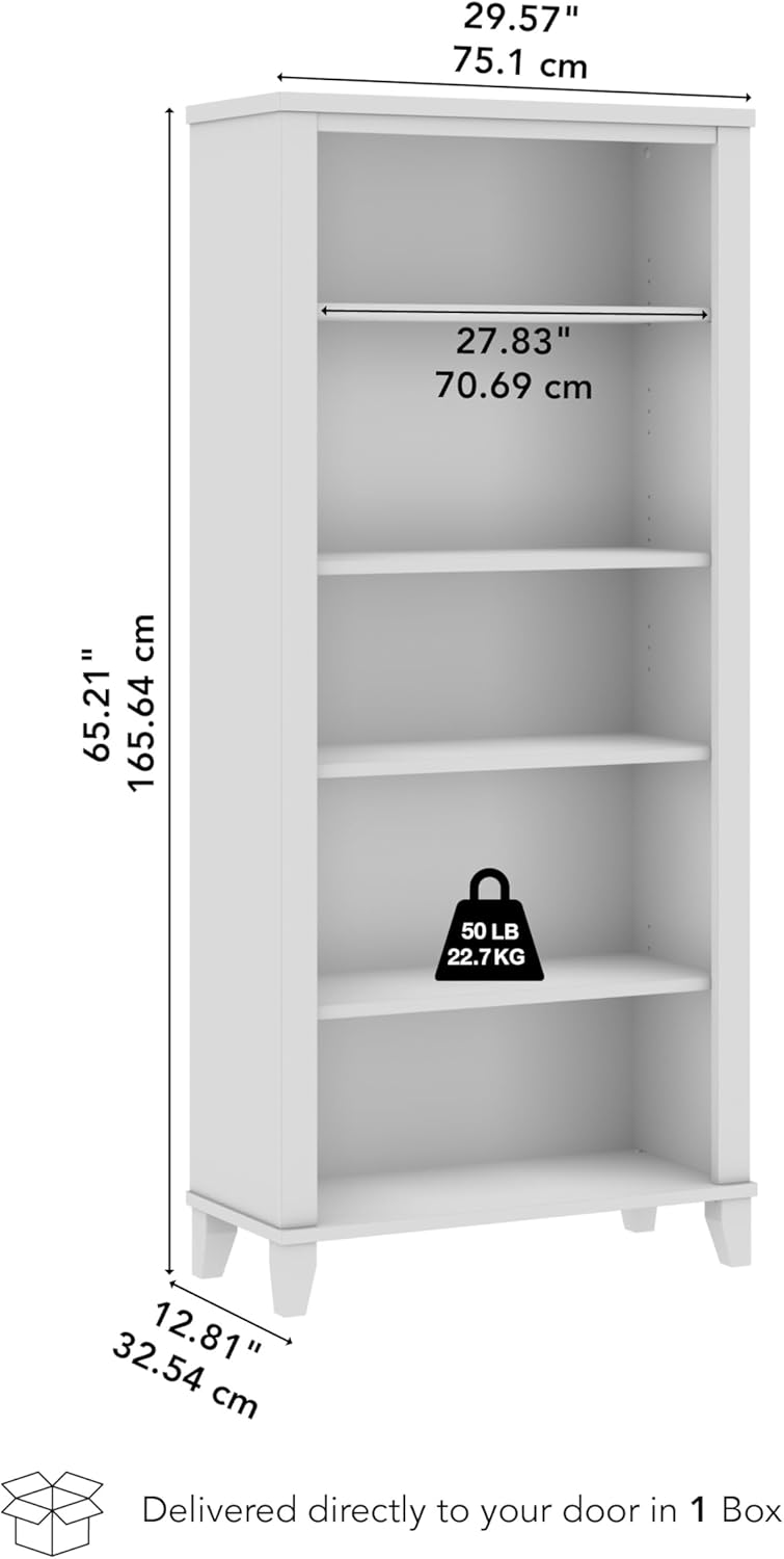 Bush Home Somerset 5 Shelf Bookcase in White, Tall Bookshelf, Large Book Shelf for Living Room, Home Office, or Entryway
