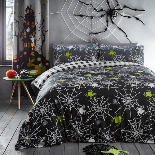 WONGS BEDDING Halloween Bettwäsche 135x200 Fledermaus Kürbis 2 Teilig, Weich Mikrofaser Bettwäsche-Set für Kinder Jungen Mädchen, Bettbezug mit Reißverschluss und Kissenbezug 50x75 cm, Gelb 3 Bedlam - Halloween Spinnen Bettwäsche - Einzelbett (140 x 200cm) - Wende-Design (2 Motive) - Schwarz Karo - Leuchtet im Dunkeln - Spinnweben Bettwäsche in Grau - Perfekt für Halloween Dekoration