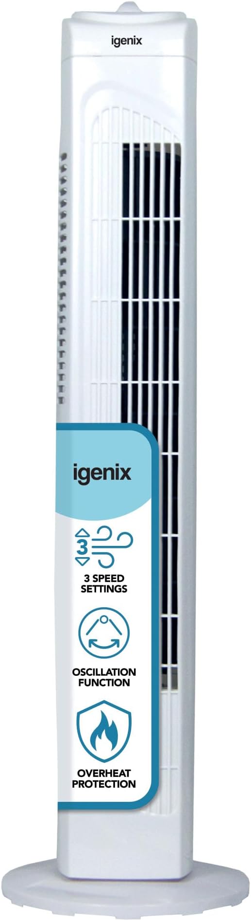 Igenix DF0030 Oscillating Tower Fan, 45 Watt Power, 30 Inch, 3 Speed Settings High, Medium & Low, 2 Hour Timer with Auto Shut Off, Quiet Operation, White