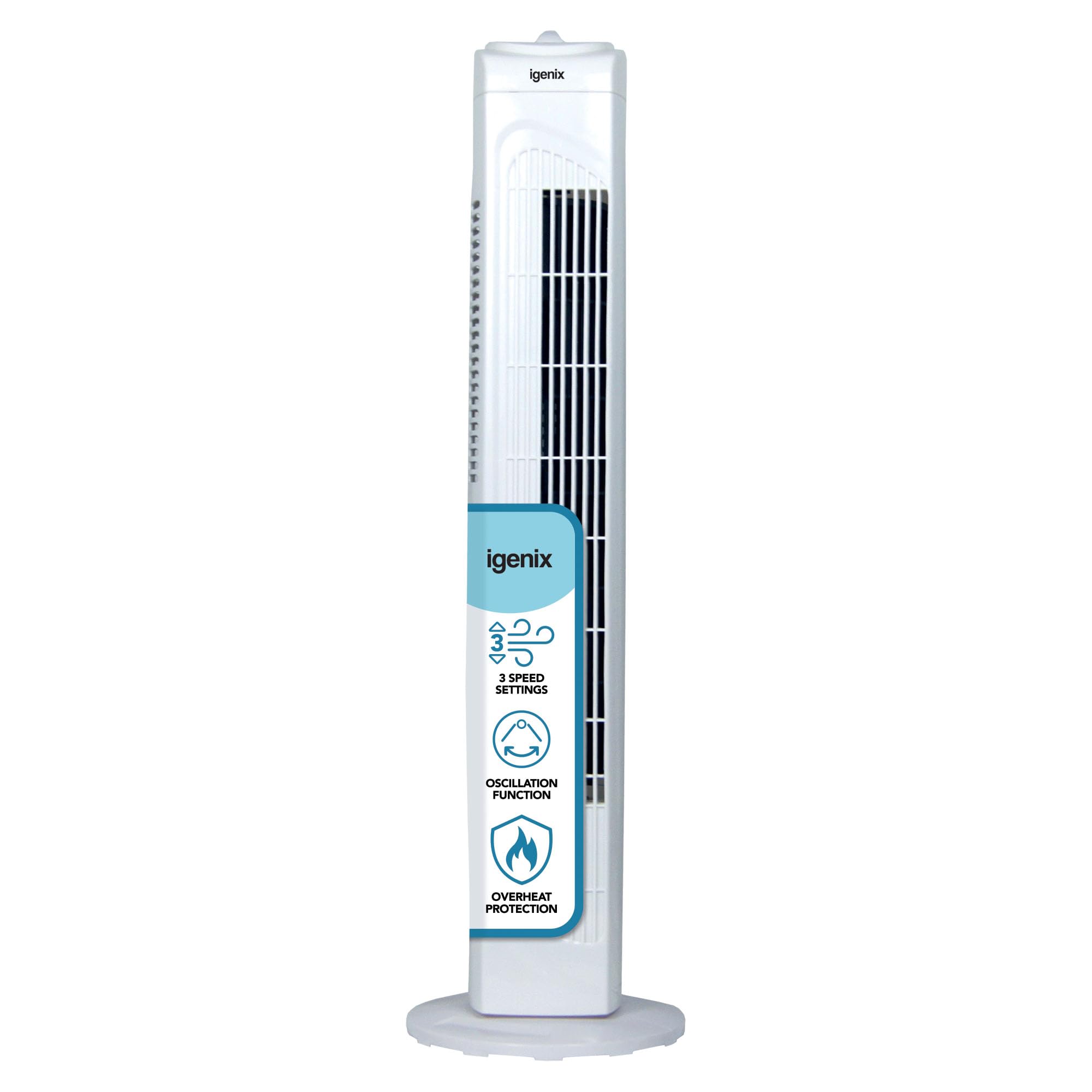 Igenix DF0030 Oscillating Tower Fan, 45 Watt Power, 30 Inch, 3 Speed Settings High, Medium & Low, 2 Hour Timer with Auto Shut Off, Quiet Operation, White