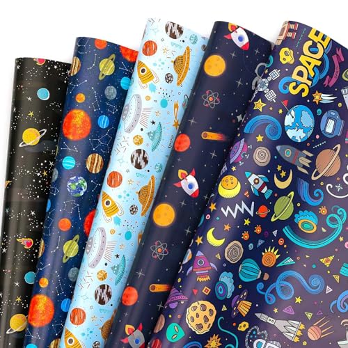 BBLIKE Geschenkpapier 5 Blätter Geschenkpapier Geburtstag 70 * 50 cm gefaltetes Papier für Geburtstag Schulanfang(Weltall)