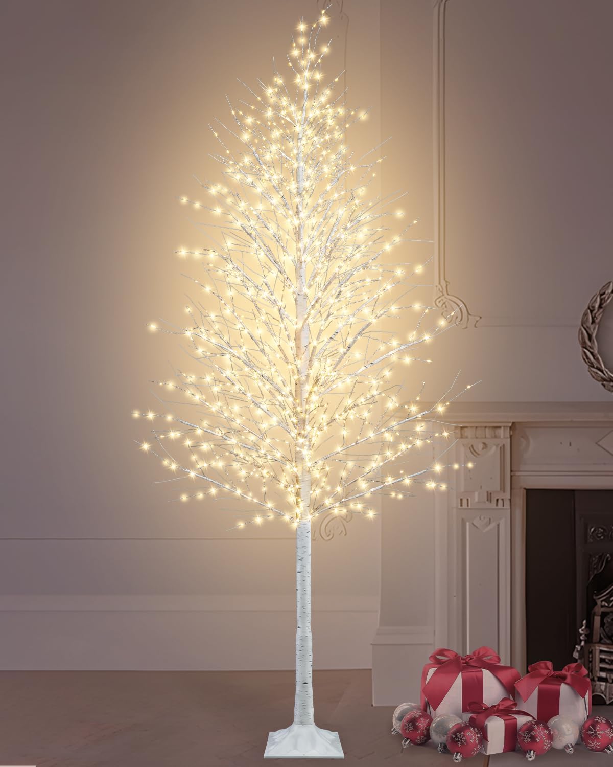 TORONTOKYO 8FT Lighted Birch Tree 1440 LEDs Warm White Lights, 8 Modes Light Up White Artificial Christmas Twig Tree with Timer for Indoor Outdoor Home Garden Wedding Holiday Decoration