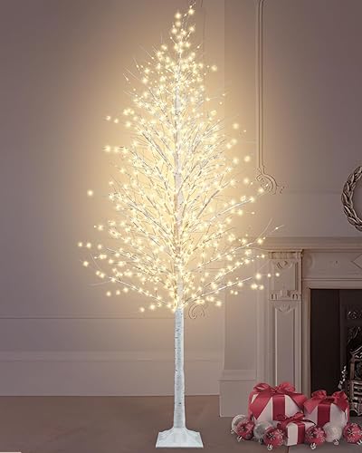 TORONTOKYO Árbol de abedul iluminado de 8 pies, 1440 luces LED blancas cálidas, 8 modos de iluminación, árbol de Navidad artificial blanco con