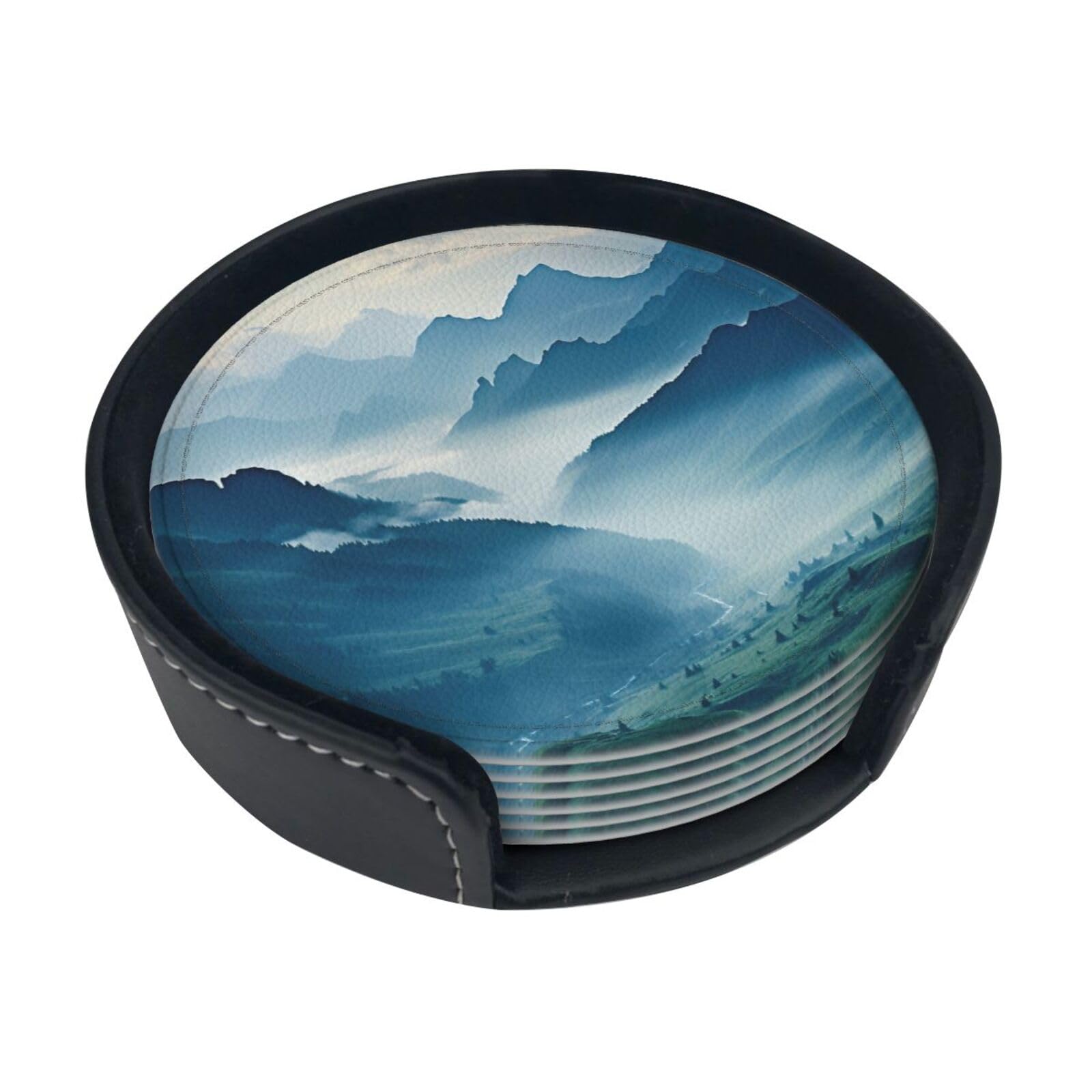 Mountains Print Round Coasters Set Of 6,Coaster For Tabletop Protection Home Bar Decor
