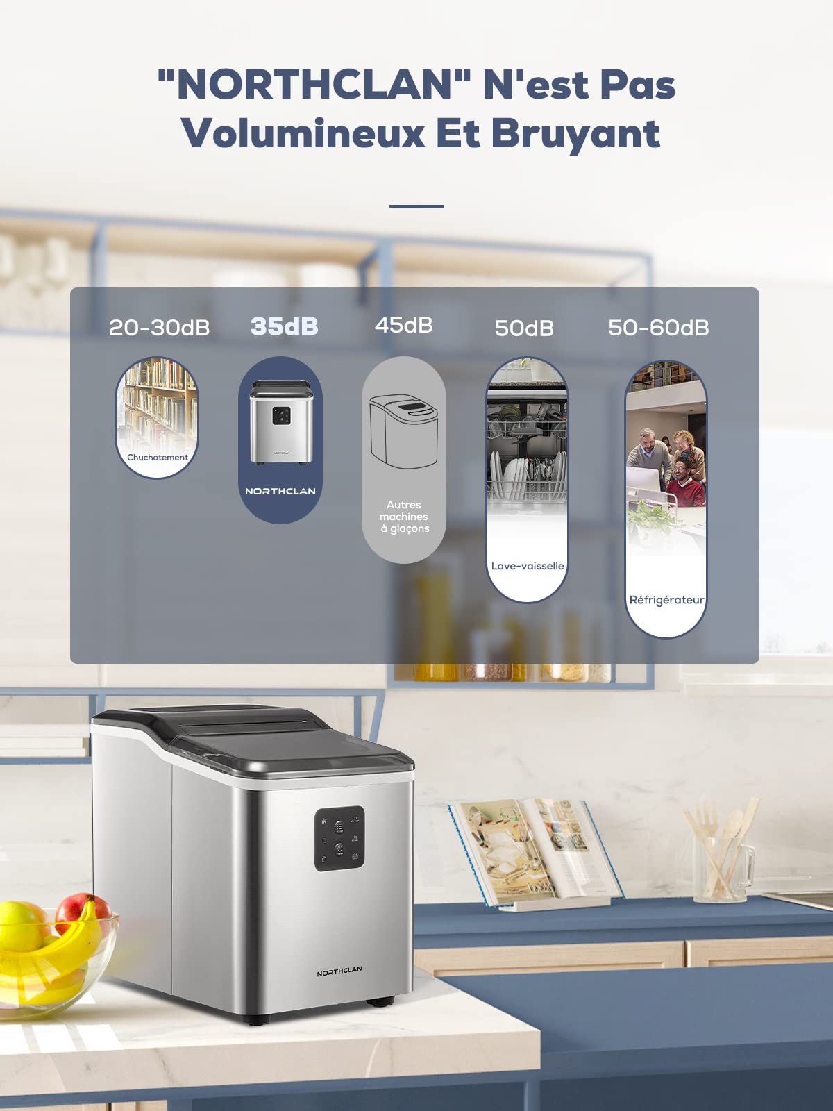 Machine à Glaçons Acier Inoxydable, Autonettoyante, 2 Tailles de Glaçons, 14kg en 24h, 9 Glaçons en 6 Minutes, Écran LCD et Réservoir d'Eau de 2L, Capteur IR, Cuillère à Glaçons et Panier, NORTHCLAN