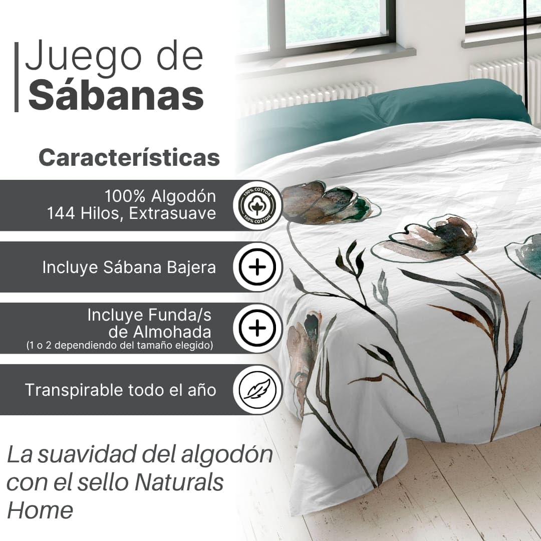 NATURALS - Juego de Sábanas 4 Piezas Cama 150 | 100% Algodón Extra Suave, Transpirable | Encimera 230x270, Bajera 150x200 y 2 F. Almohada 45x90 | Larisa