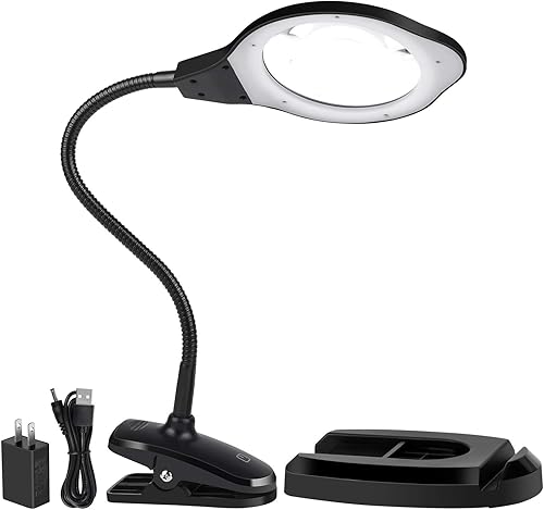 Lámpara de lupa, 2 luces de lupa con abrazadera de metal, soporte de base de mesa alimentado por USB, clip portátil clásico negro, lámpara de