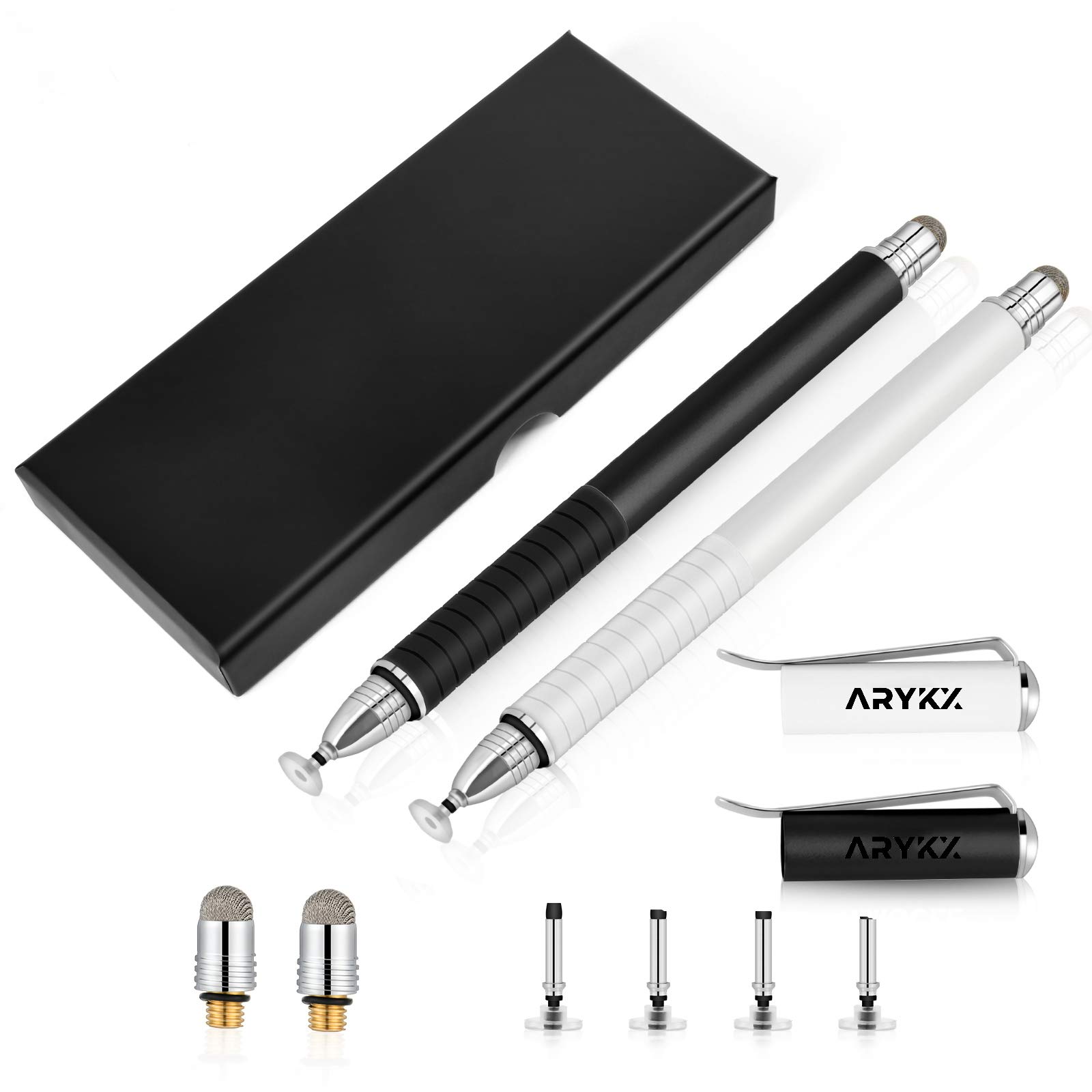 ARYKX Stylus Pen for All Capacitive Touch Screen Devices 2 in 1 High Sensitivity Precision Pens with Fine Point Tip Disc and Hybrid Fiber Mesh Compatible with iPads iPhone Tablets (Black & White)