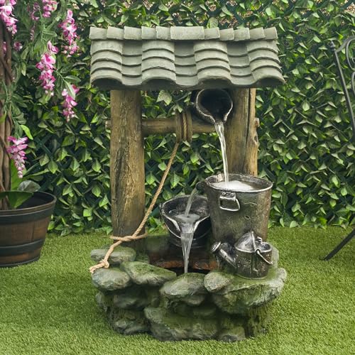 39" Water Well Fountain with LED Lights – Serene Outdoor Waterfall Water Feature for Garden, Patio, and Lawn, Cascading Water Flow, Green - Alpine Corporation WIN1250