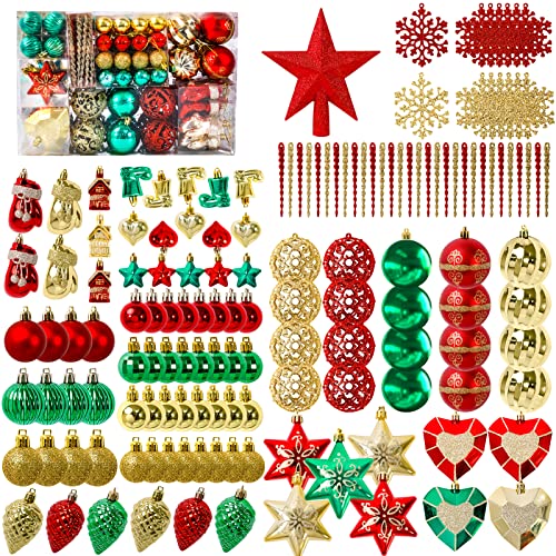 Garma Christmas Balls Ornaments Set, 145Pcs Christmas Tree Garland Red Green Gold Shatterproof Plastic Decorative Baubles for Xmas Tree Hanging Balls Decorations Kit for Holiday Party Seasonal Decor