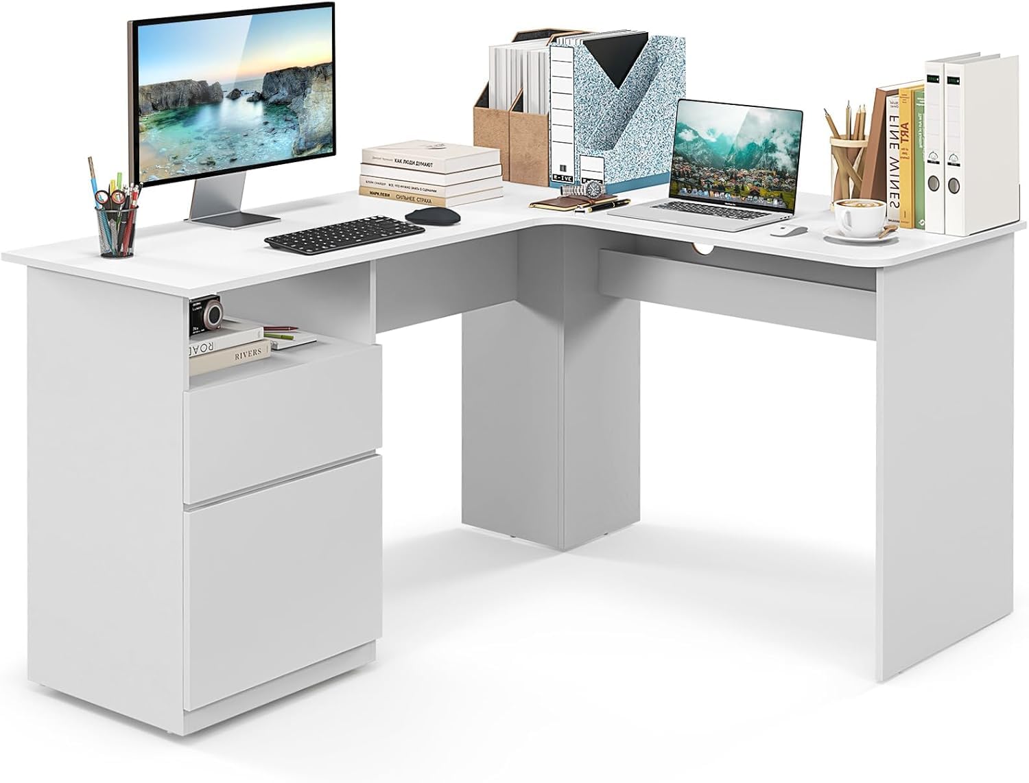 Scrivania per computer a forma di L, moderna scrivania angolare con scomparto aperto, postazione di lavoro per casa e ufficio, per PC e laptop, 150 cm