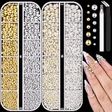 Flatback Nail Pearls Gems, Half Round Silver and Gold Nail Charms Beads and White Beige Pearls for Nails with...