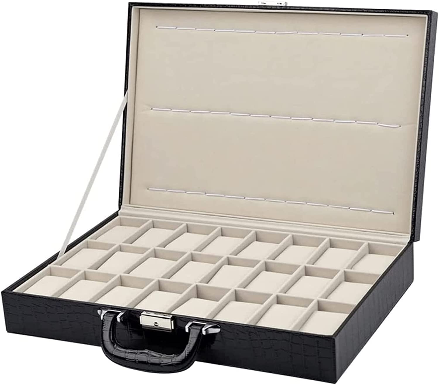 TIANQIHAO 24 Grid Black Alligator Leather Suitcase Case Display Storage Box Watch Storage Box Case Watch Clock Box