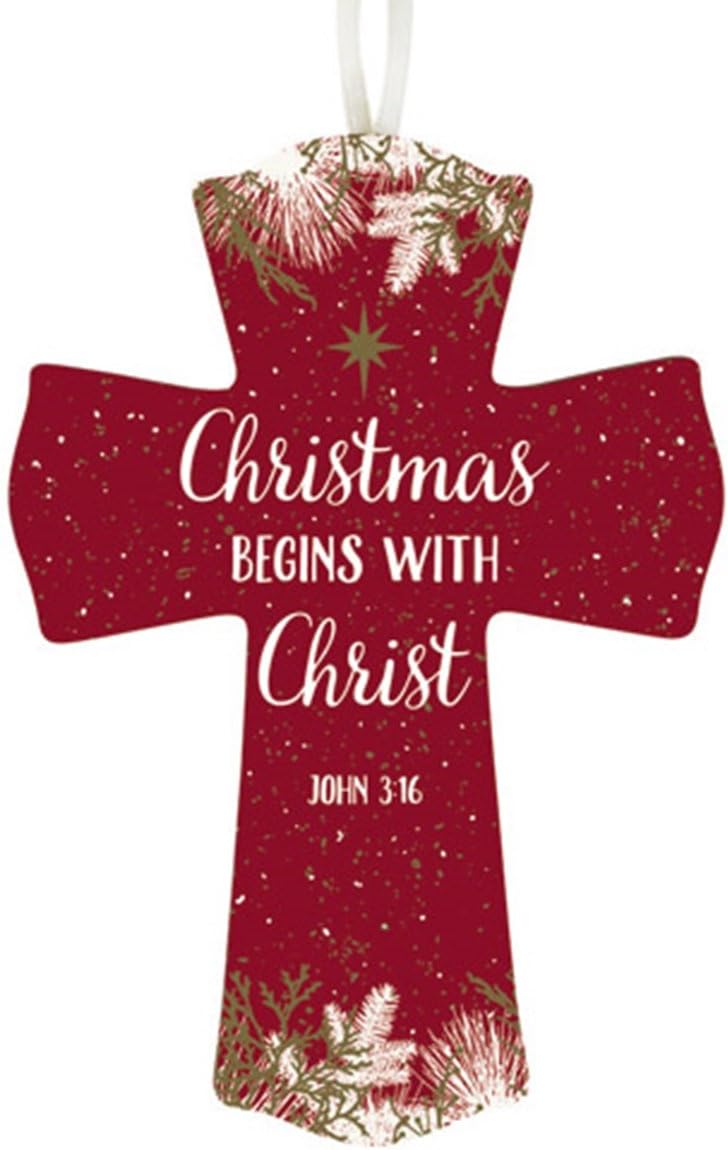 Wooden Christmas Begins with Christ Wall Cross with Ribbon Hanger, 6 Inch, Pack of 12