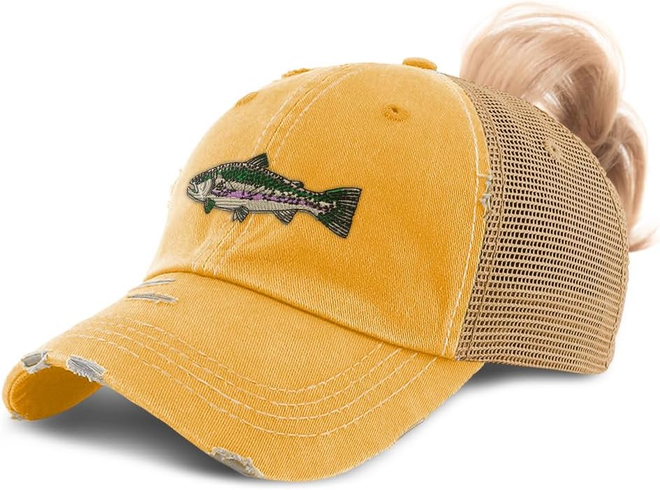 Ponytail Cap Women's Baseball Cap Embroidered Fish Rainbow Trout Sun Hat with Ponytail Hole High Pony Hat