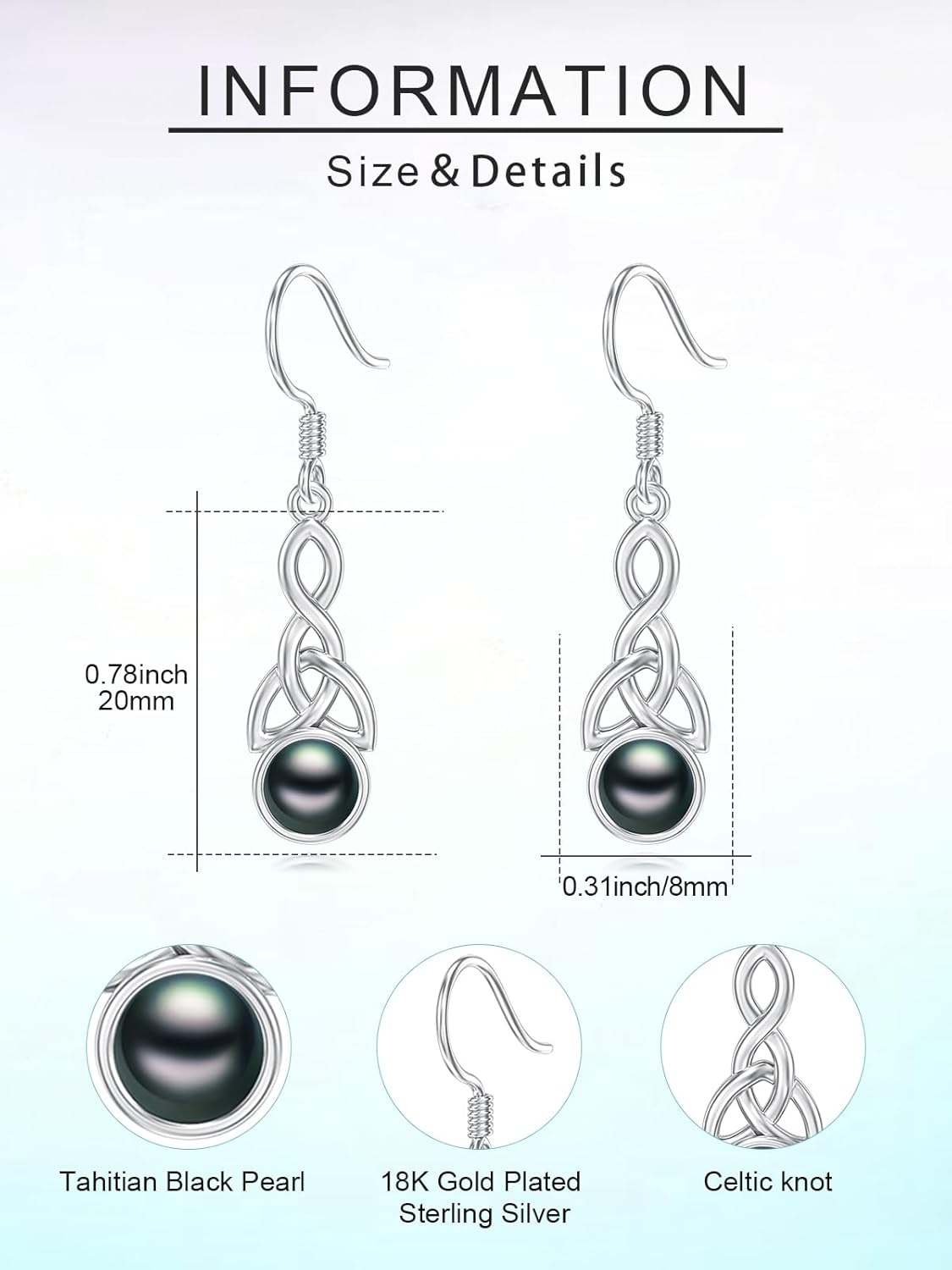 Tahitian Black Pearl Earrings Gifts for Women Wife Celtic Dangle Drop Earrings Wedding Birthday Anniversary Jewelry Valentines Christmas Day Gifts 925 Sterling Silver - Image 6