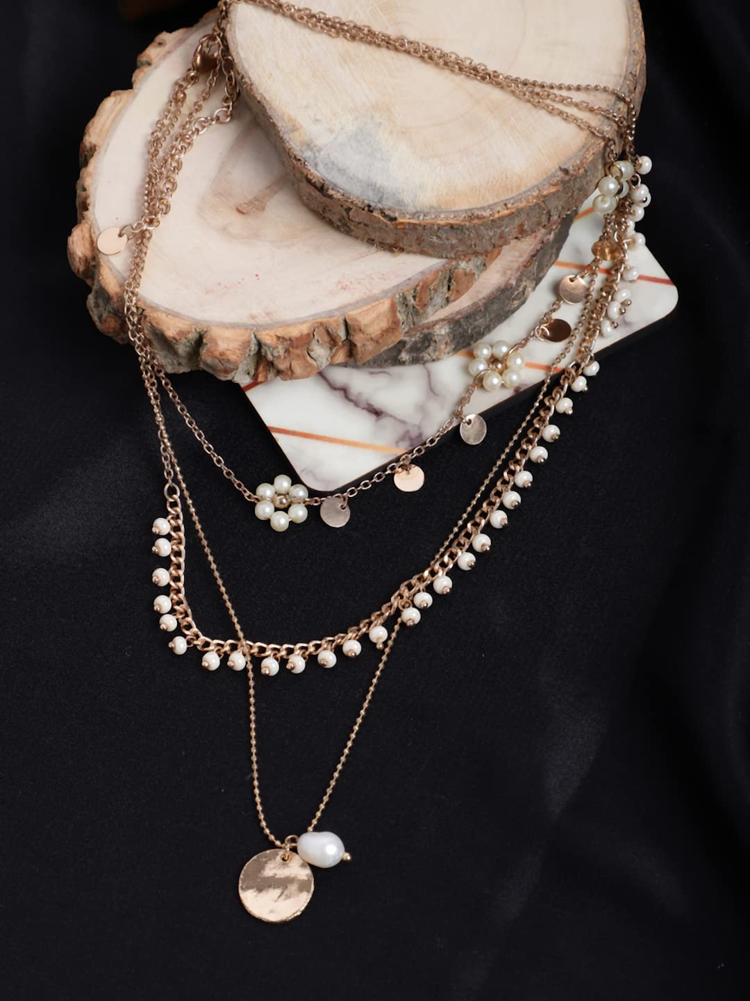 Layered Pearl Seed Bead Metal Charm Drop Necklace