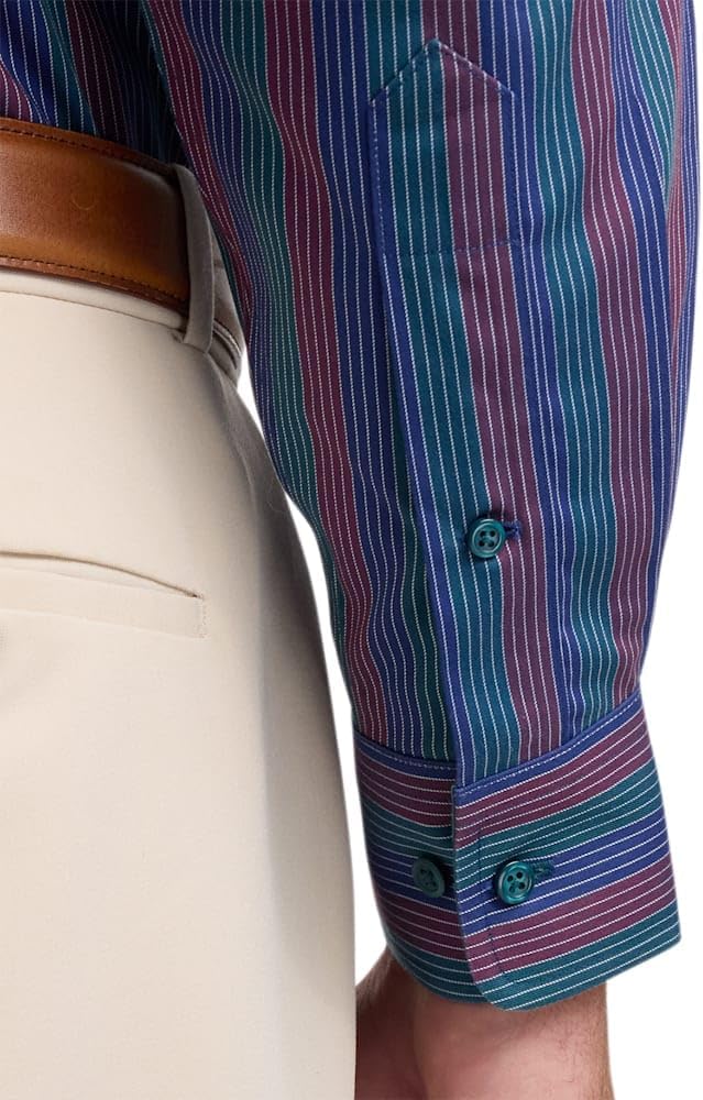 Paul Fredrick Men's Classic Fit Comfort Stretch Non-Iron Stripe Dress Shirt