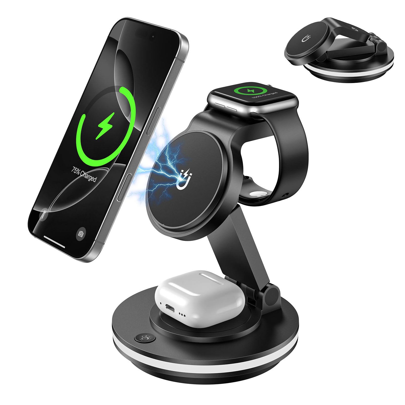 Mag-Safe Ladegerät,3 in 1 Faltbar Ladestation für Apple Watch und iPhone & Airpods,Wireless Charger mit iPhone 16/15/14/13/12 Serie,Apple Watch 9/8/7/6/5/4/3/2/SE und AirPods 3/2/Pro(Schwarz)