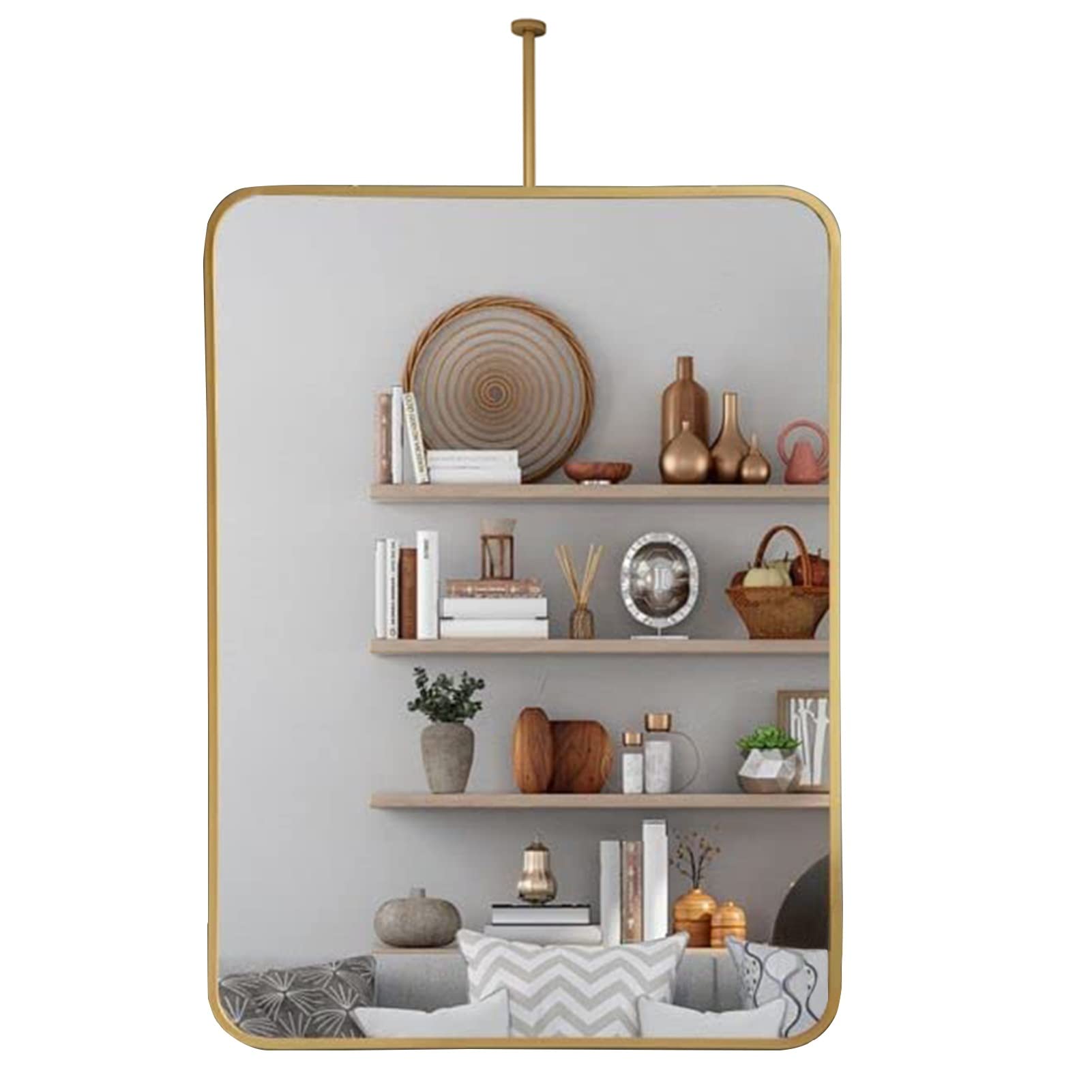 GLJTUO Wall Hanging Mirrors Modern Rectangle - with Gold Metal Rounded Corners Frame Rod Mirror for Bedroom Bathroom Living Room, Customizable Ceiling,size_name-40cmx60cm