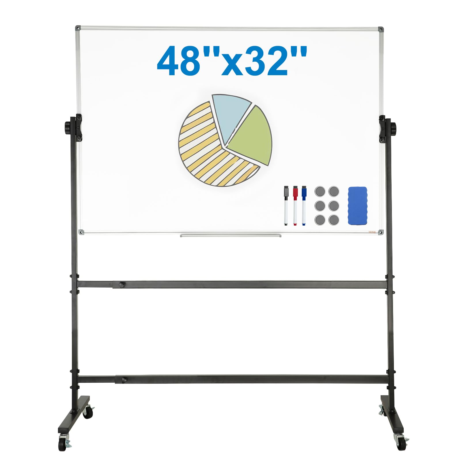VEVOR Rolling Whiteboard, 48x32 inch Double-Sided Magnetic Mobile Whiteboard, 360° Reversible Adjustable Height Dry Erase Board with Wheels & Movable Tray for Office School