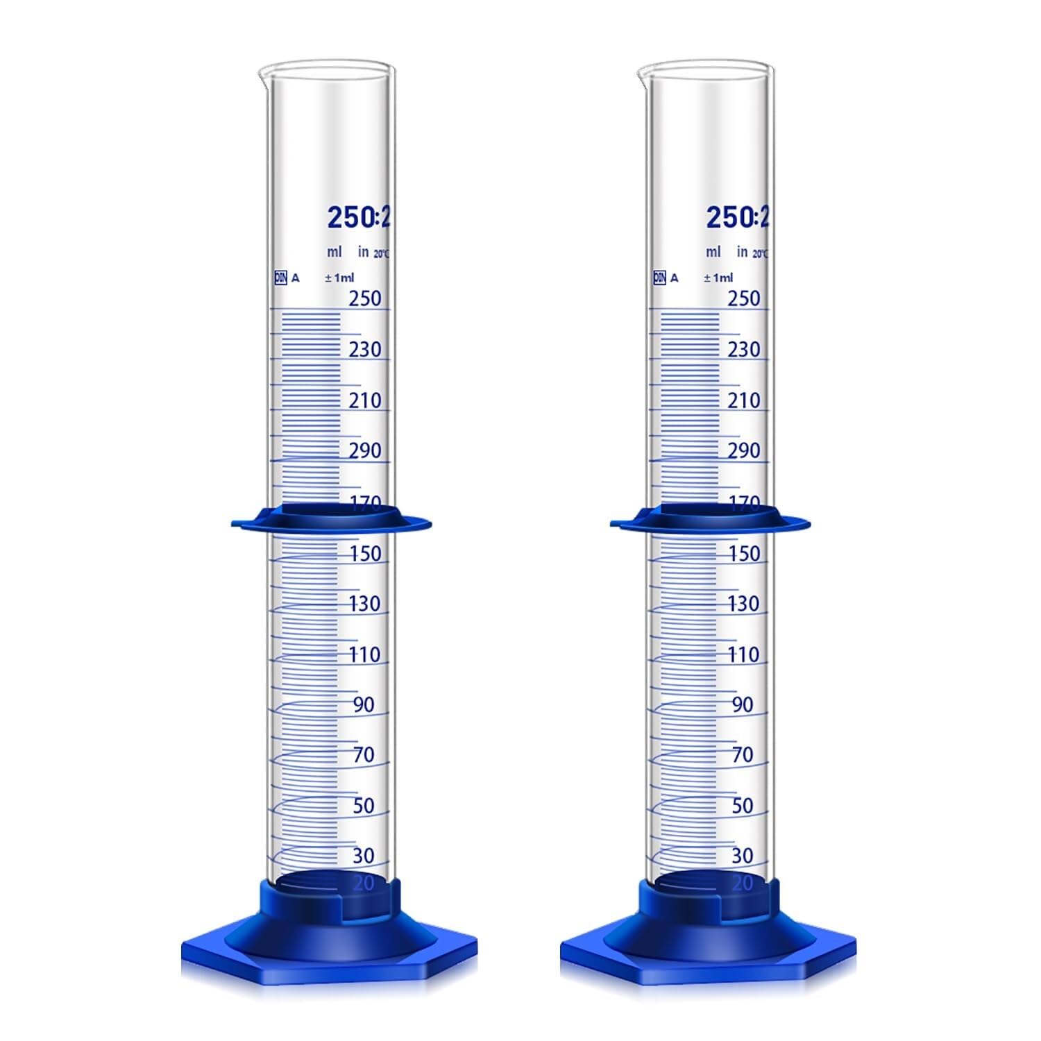 Probeta de Laboratorio para Ciencias, Juego de Cilindros graduados de Vidrio de borosilicato, 5-250 ml con Base y Cepillo(2 pcs 250ML)