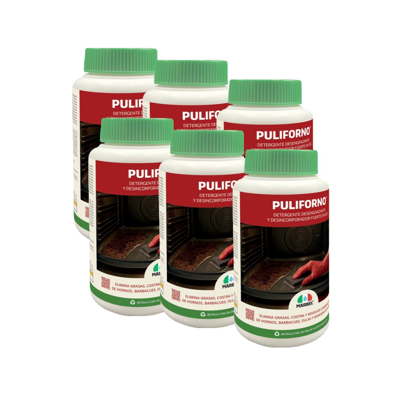 MARBEC PULIFORNO® 1KGX6Uds Gel detergente desincrustante para hornos y barbacoas, elimina grasa y costras negras, se adhiere a superficies verticales, sin disolventes.