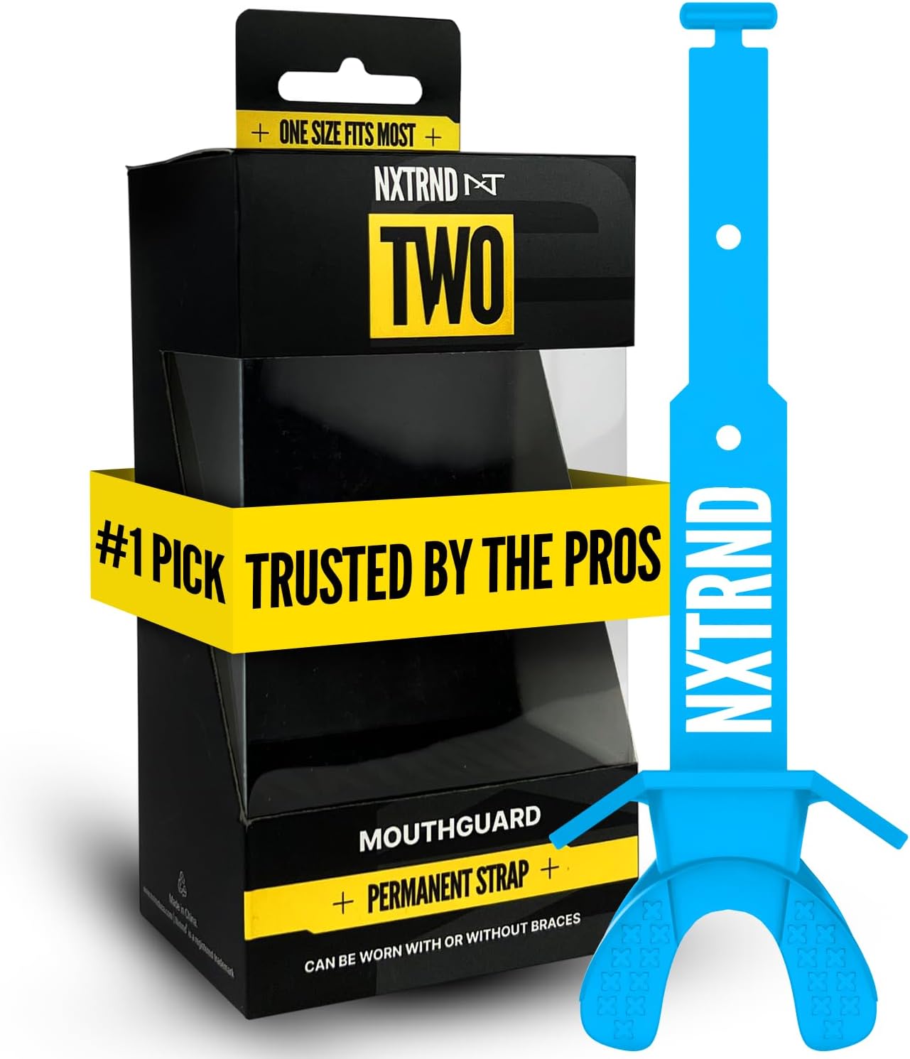 Nxtrnd Two Football Mouth Guard, Permanent Strap, Fits Adult & Youth (Neon Blue)