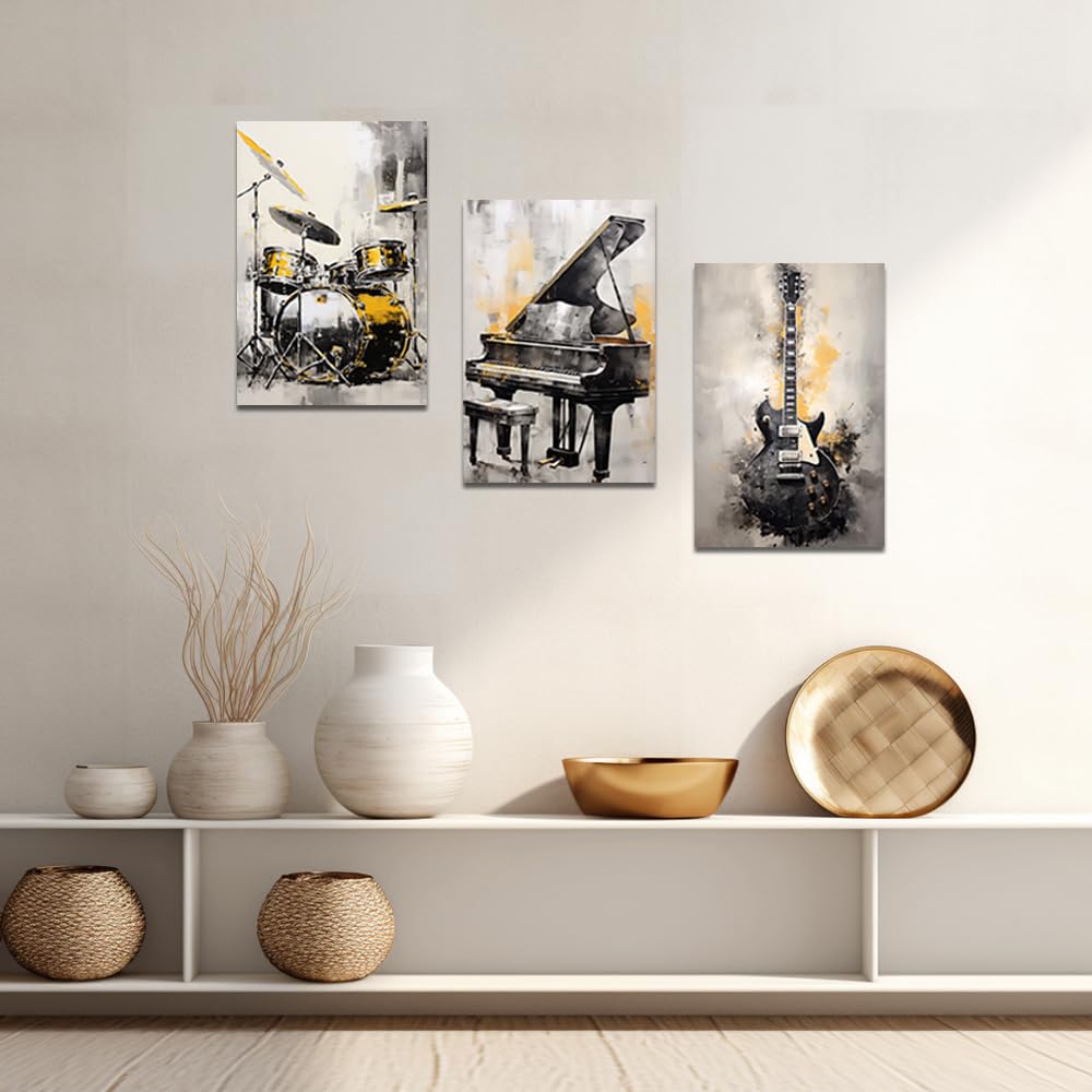 ZQQART 3 piezas de instrumentos musicales abstractos, arte de pared, piano, guitarra, batería, impresiones de pintura, impresiones temáticas musicales, obras de arte, marco de decoración de tienda de