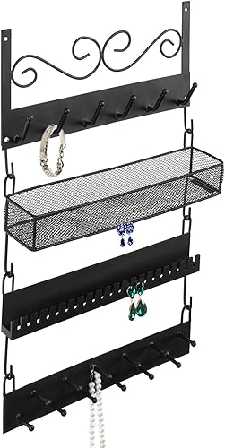 MyGift Organizador de joyas colgante de metal negro de 4 niveles con 18 ganchos, soporte para aretes y collar, estante de exhibición de pulseras,