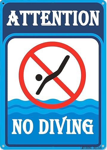 LMYUHONG Letrero de metal con texto en inglés Attention No Diving Pool Sign para reglas de piscina, letreros de seguridad al aire libre, aluminio de