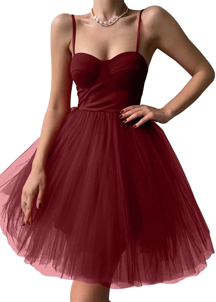 Spaghetti Straps Tulle Homecoming Dresses Short for Teens A Line Prom Dresses for Juniors WYX569