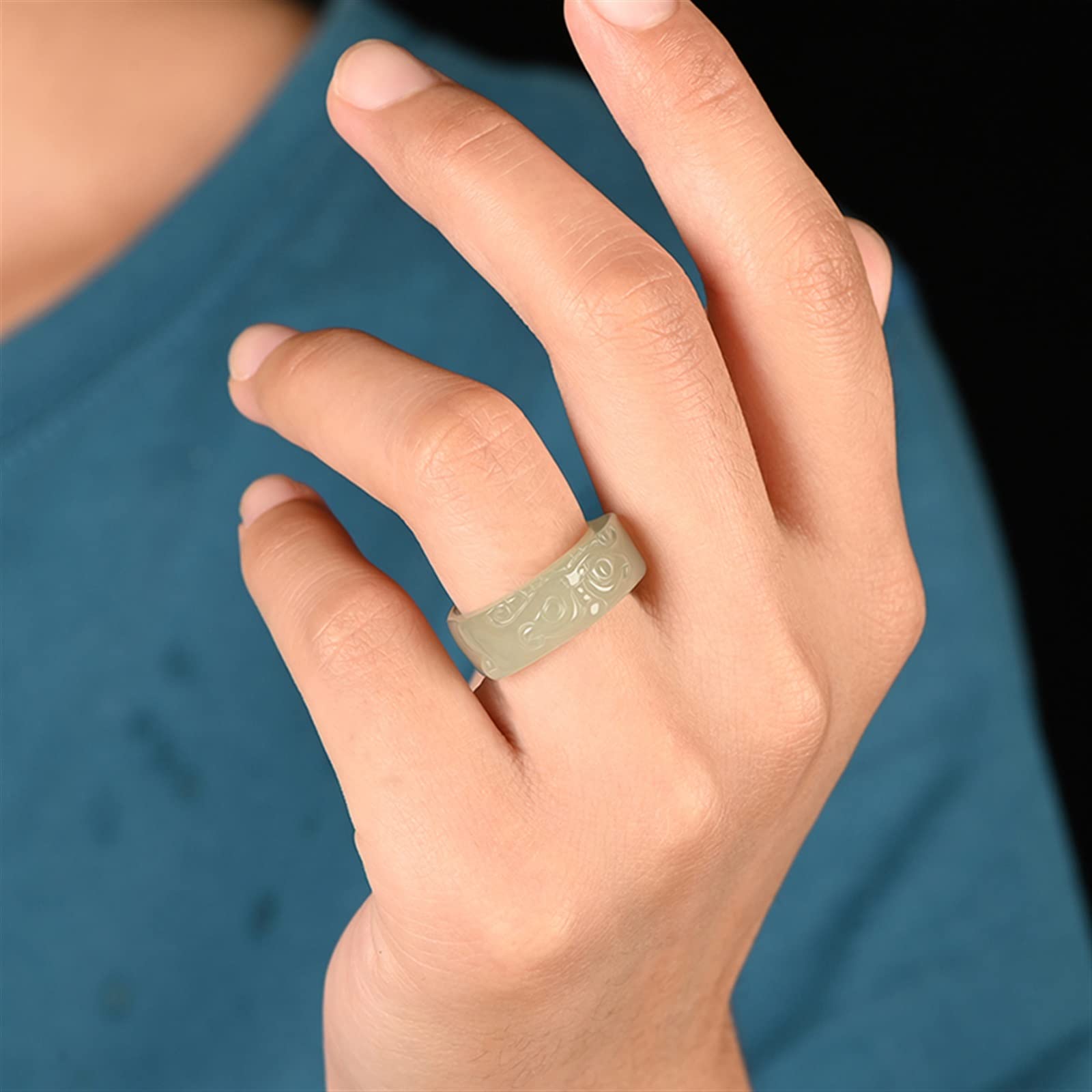 WBDWWTD Natürlicher grüner Hetian-Jade-Ring, handgeschnitzter Jadeit-Jade-Ring für Damen und Herren, Naturstein, echter Jade-Schmuck, Jade-Geschenkschmuck (Ringgröße: 9)