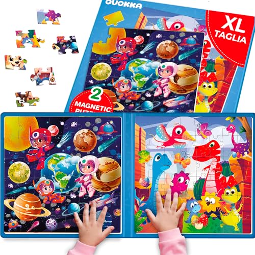QUOKKA Puzzle Magnetico 3 4 Anni – 2x48 Pezzi Puzzle Bambini 5 6 Anni – Giochi da Viaggio per Ragazze e Ragazzi – Libro Magnetico Dino et Espace – Intrattenere Bambini In Aereo – Educativo Regalo