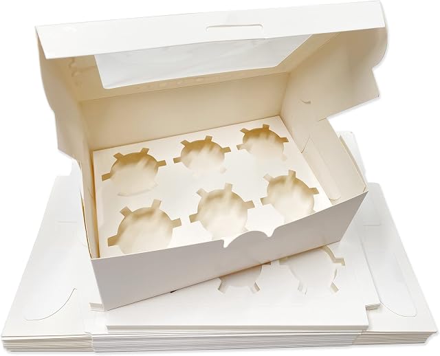HERUIO 20 x 6 Hole Cupcake Boxes With Window and Adjustable Insert Cupcake Carrier for Cupcakes, Cookies, Muffins, Pastries and Donuts - WHITE