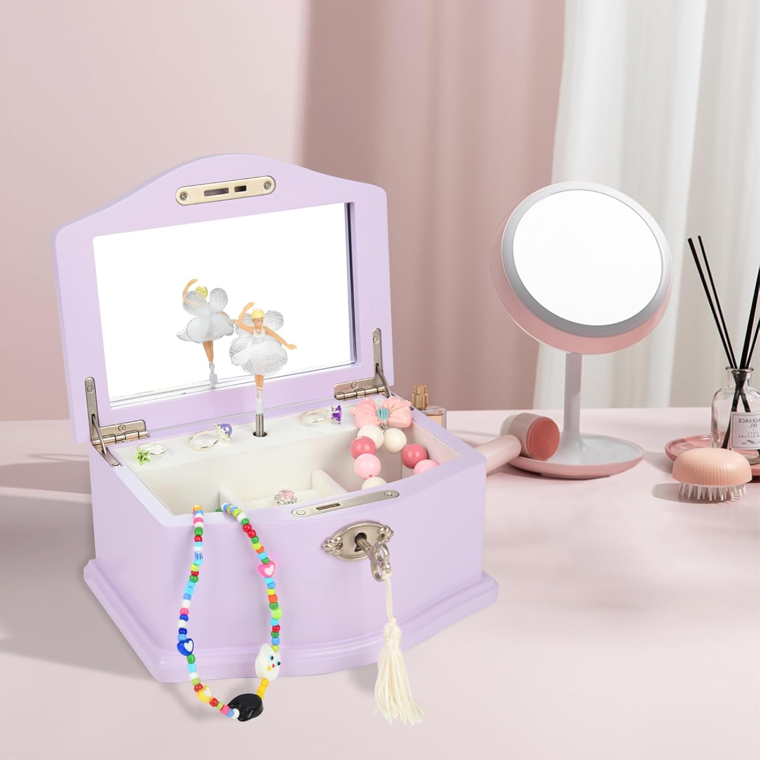 Elle Jewelry Box - Ballerina Jewelry Organizer and Swan Lake Wind-Up Music Box for Girls and Teens, Accessories and Keepsake Wooden Storage with Lock and Mirror, Charming Room Decor and Gift, Small