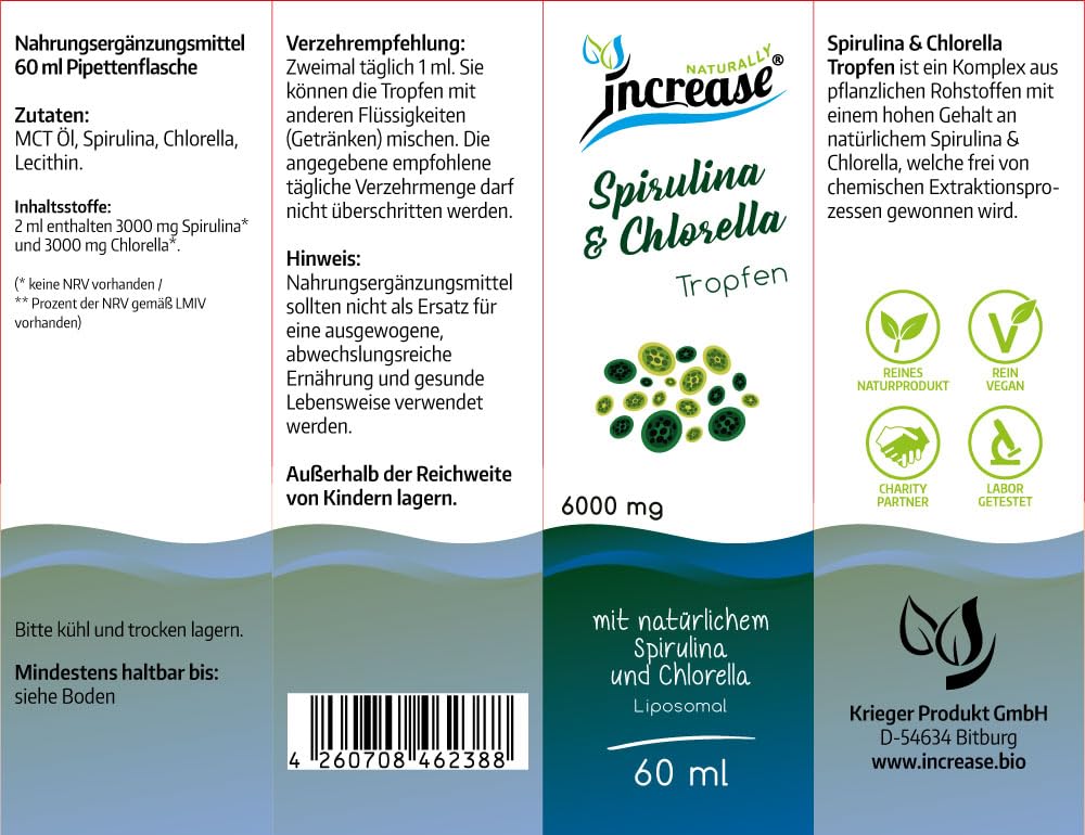 Liposomale Spirulina & Chlorella Tropfen hochdosiert - (180.000mg pro Packung) 6000mg Spirulina & Chlorella pro Tagesdosis - MCT Öl - Hohe Bioverfügbarkeit
