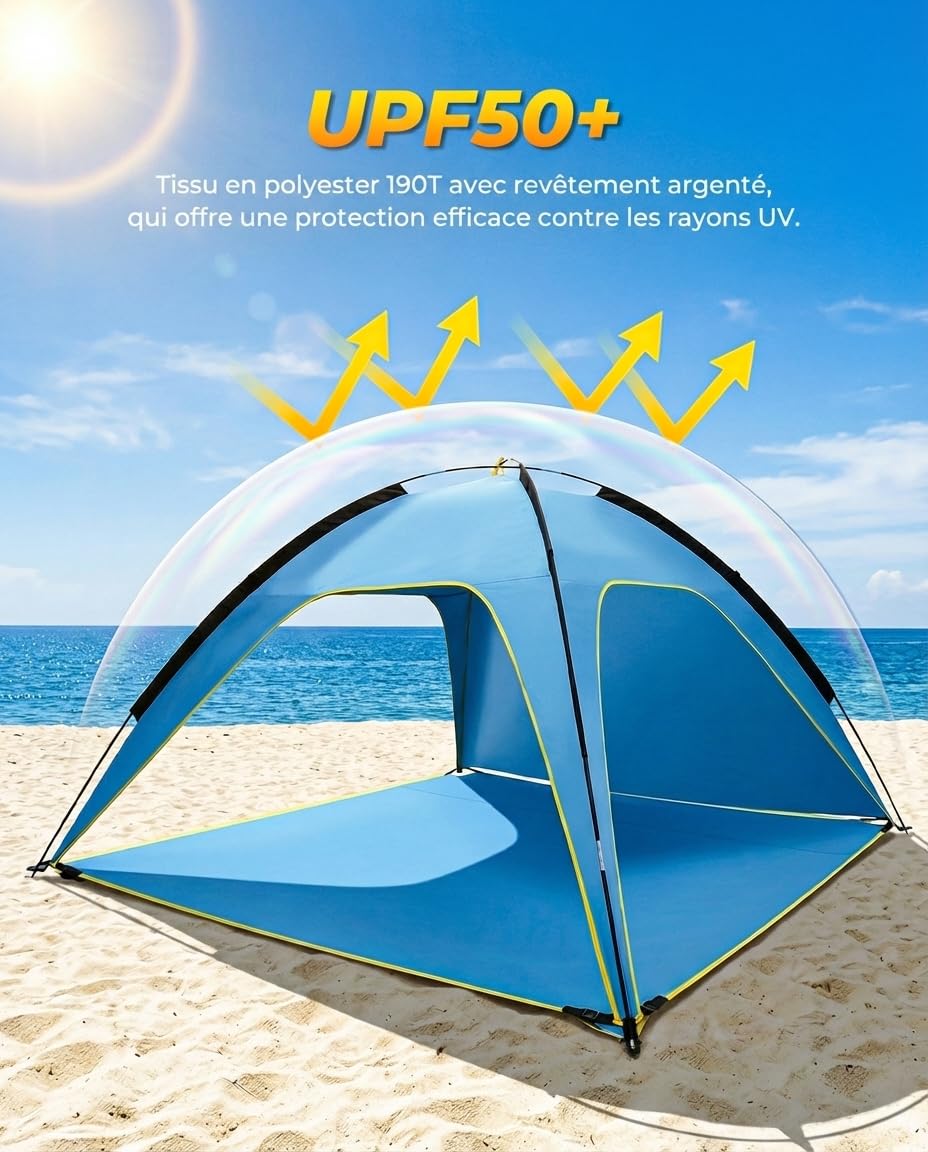 MYMULIKE Tente de plage UV50+ protection solaire, 210 x 210 x 130 cm, pour 4 à 6 personnes, polyester 190T avec barres en fibre de verre de 8 mm, portable, avec sacs de sable/piquets pour plage