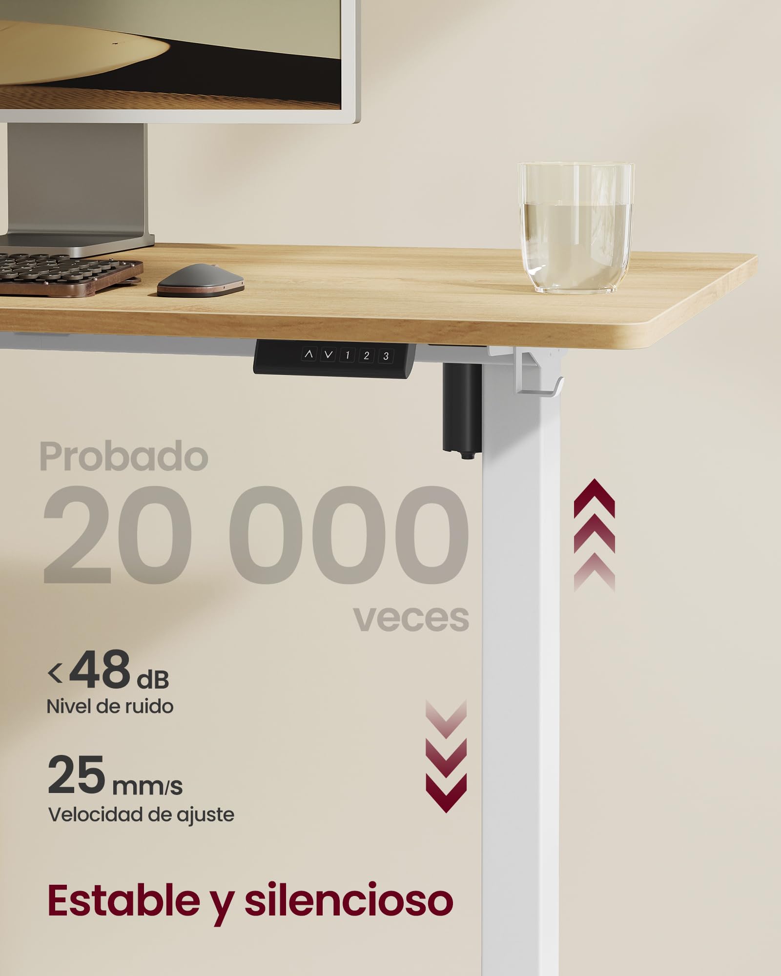 VASAGLE Escritorio Eléctrico Regulable en Altura, Soporte de Escritorio, sin Tablero, con 2 Ganchos, Función de Memoria de 3 Alturas, Acero, Blanco Mate LSD021W01V2