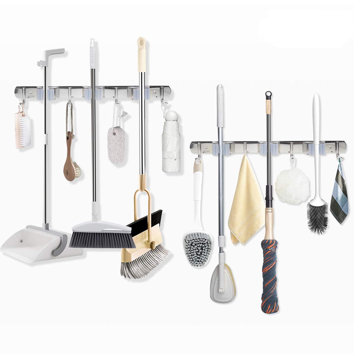 Besenmopp-Halter, robuste Wandhalterung, Edelstahl, Wandmontage, Aufbewahrung, Organizer, Aufhänger mit 3 Racks und 4 Haken für Lanudry Garage, Küche, Badezimmer, Schrank, Büro, Garten (4 Stück)